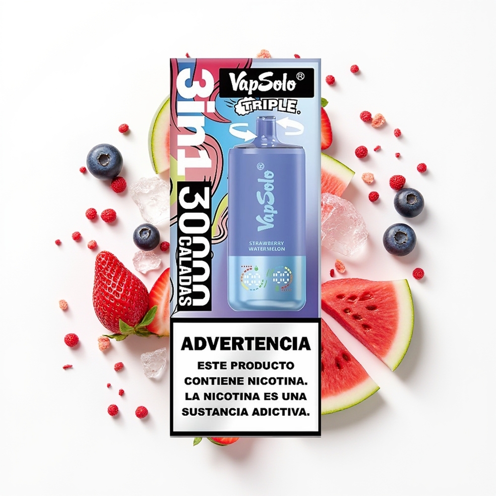 Vapsolo Triple 30000 Puffs Çilek Karpuz & Yaban Mersini Buzu - 40ml - Tip-C