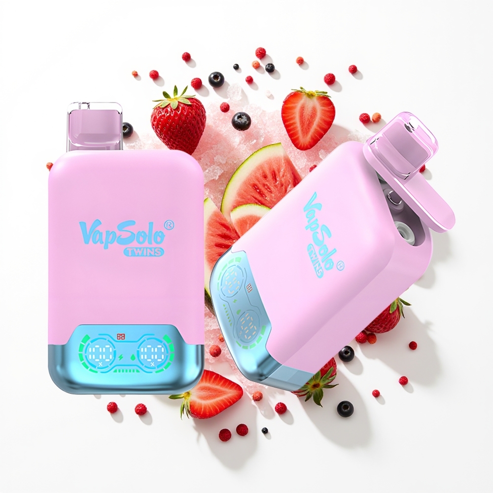Vapsolo Twins 20000 Puffs Siyah Buz Ejderha Meyvesi Çilek & Ahududu Karpuz 40 ml Çift Tank Tip-C