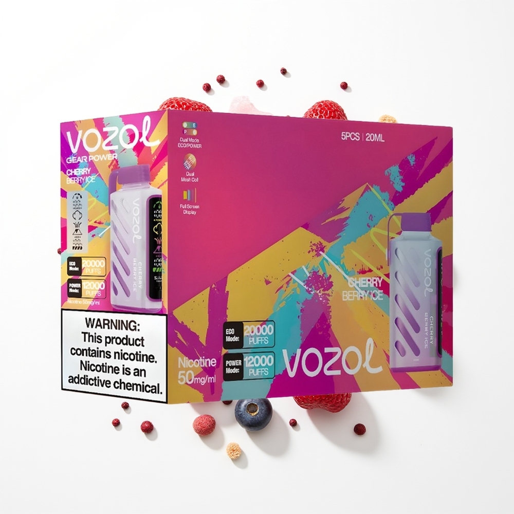 VOZOL Gear Power 20000 Puffs Kiraz Çilek Buz Ekran Tipi Tam Ekran Görüntü Sargı Türü Çift Örgül Sargı
